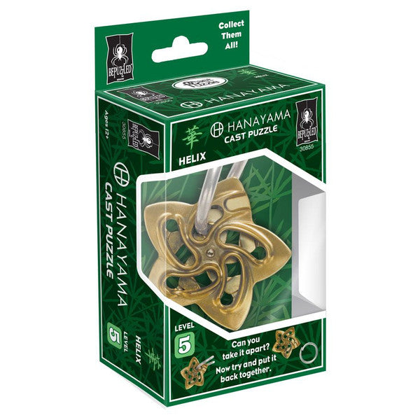 Hanayama Helix Level 5 puzzle in a green box, featuring a gold cast puzzle with intricate designs.