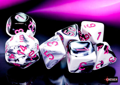 Chessex Gemini Black-White and Pink Polyhedral 7-Dice Set featuring a marbled design and bold pink numbers.