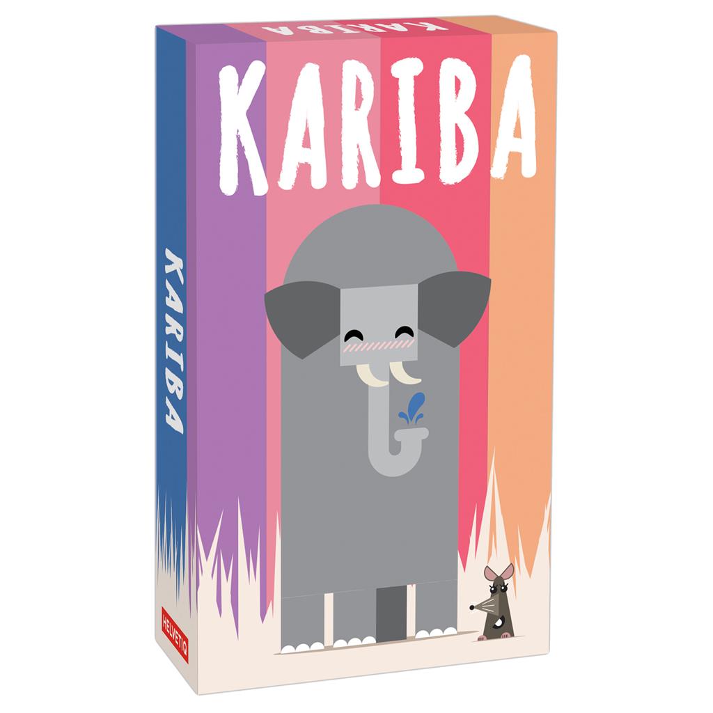 Colorful box design for the board game Kariba featuring a cartoon elephant and a small mouse, set against a gradient background.