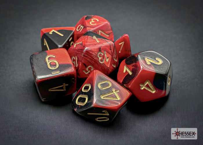 Chessex Gemini Black-Red/Gold Polyhedral 7-Dice Set featuring vibrant black and red colors with gold numbering.