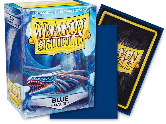 Dragon Shield Matte Sleeves in blue, 100-count pack for standard size cards, featuring a dragon design on the box.