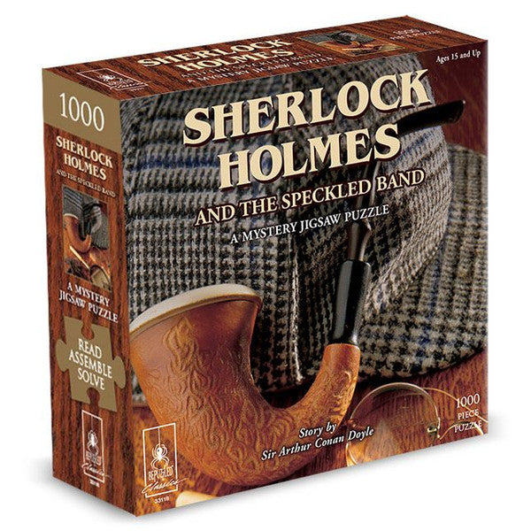 Sherlock Holmes 1000 Piece Mystery Jigsaw Puzzle box featuring a classic pipe and plaid design, ideal for puzzle enthusiasts.