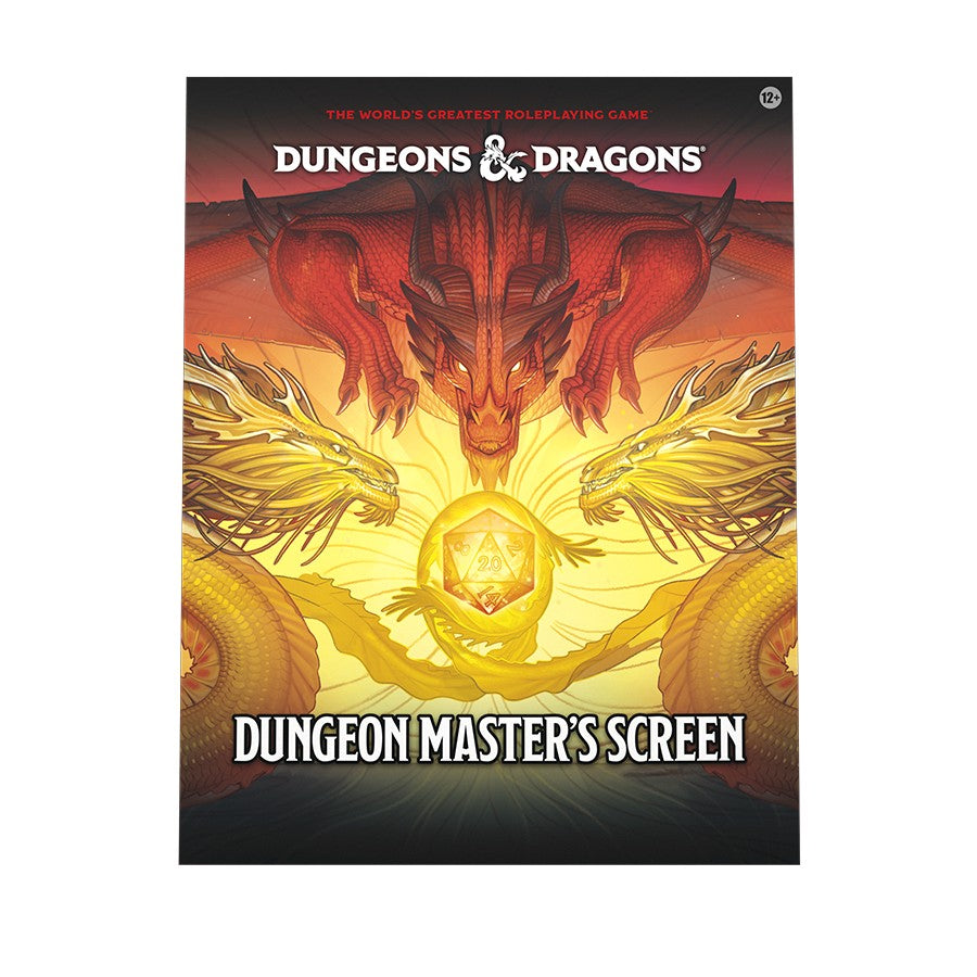 Dungeons & Dragons Dungeon Master's Screen 2024 featuring vibrant artwork of dragons and a central D20 die.