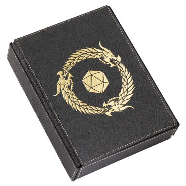 Iron Gray Dragon Shield Dice Companion featuring a gold dragon design encircling a geometric shape on a textured surface.
