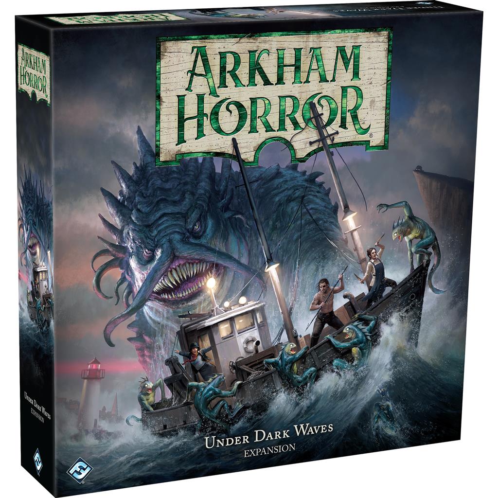 Arkham Horror 3E Under Dark Waves Expansion box featuring a monstrous creature and characters on a boat in a dark ocean setting.