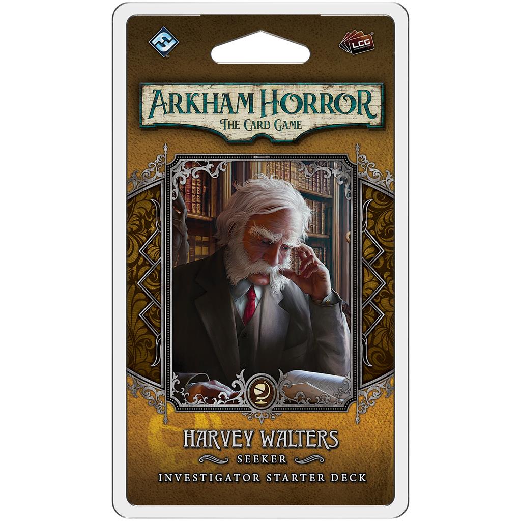 Arkham Horror LCG Harvey Walters Starter Deck packaging featuring an elderly man reading in a library setting.