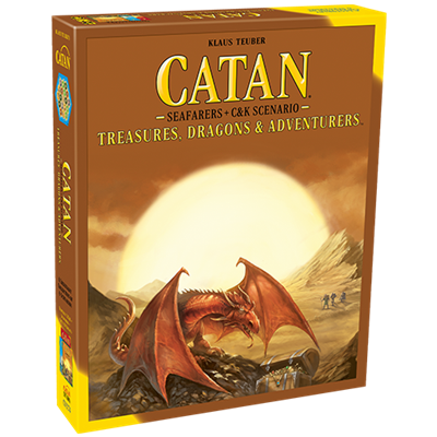 Catan Treasures, Dragons & Adventurers board game box featuring a dragon and a sunset landscape. Ideal for strategy game fans.