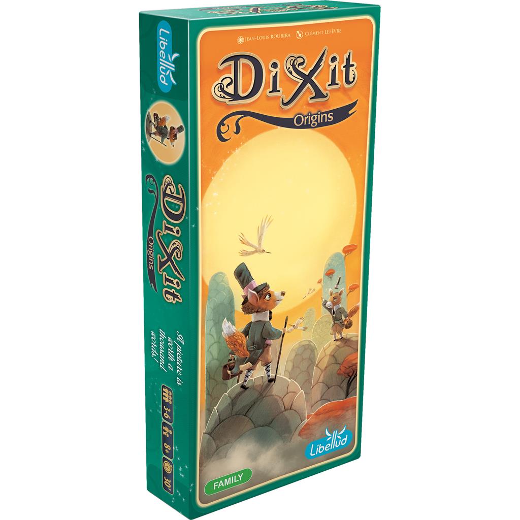 Dixit: Origins Expansion box featuring whimsical artwork with a fox in a top hat and a vibrant sunset background.