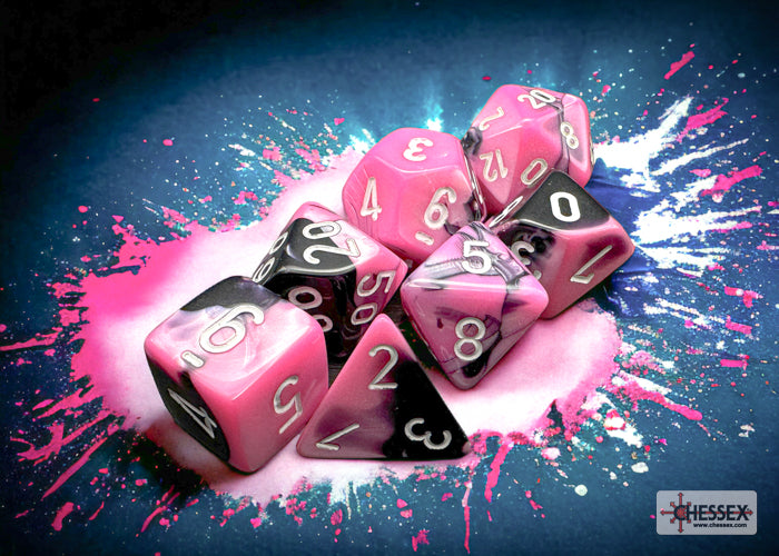 Chessex Gemini Black-Pink/White polyhedral 7-dice set featuring vibrant colors and clear numbering on each die.