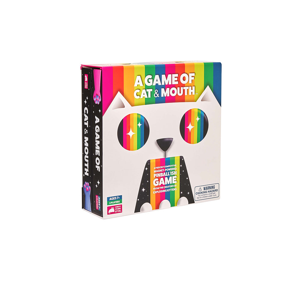 Colorful box of "A Game of Cat and Mouth," featuring a playful cat face design and vibrant rainbow stripes.