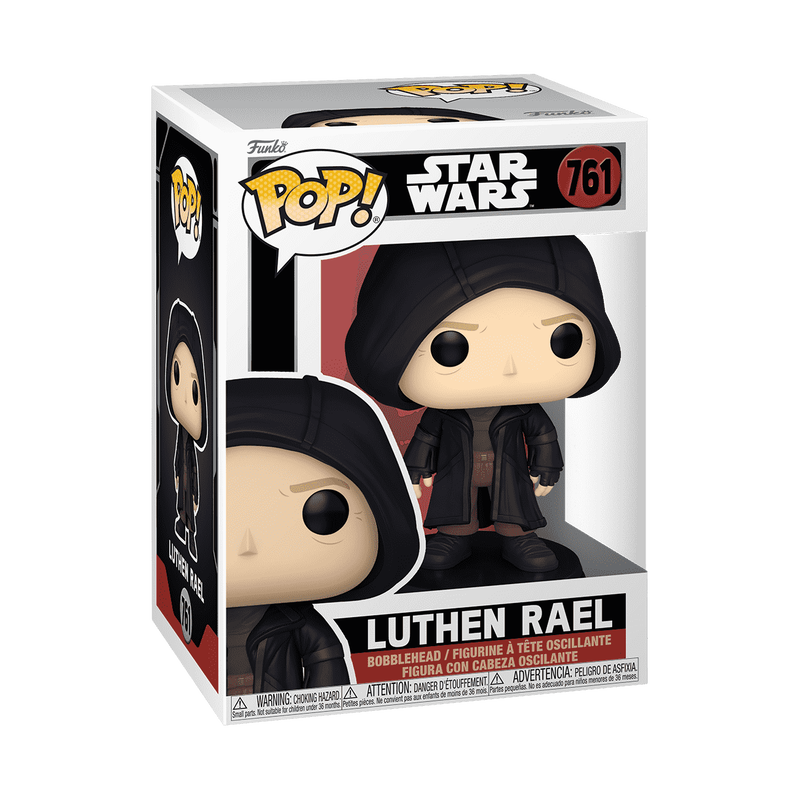Funko Pop! Star Wars Luthen Rael #761 figure in box, featuring a character with a hooded cloak and distinctive facial features.