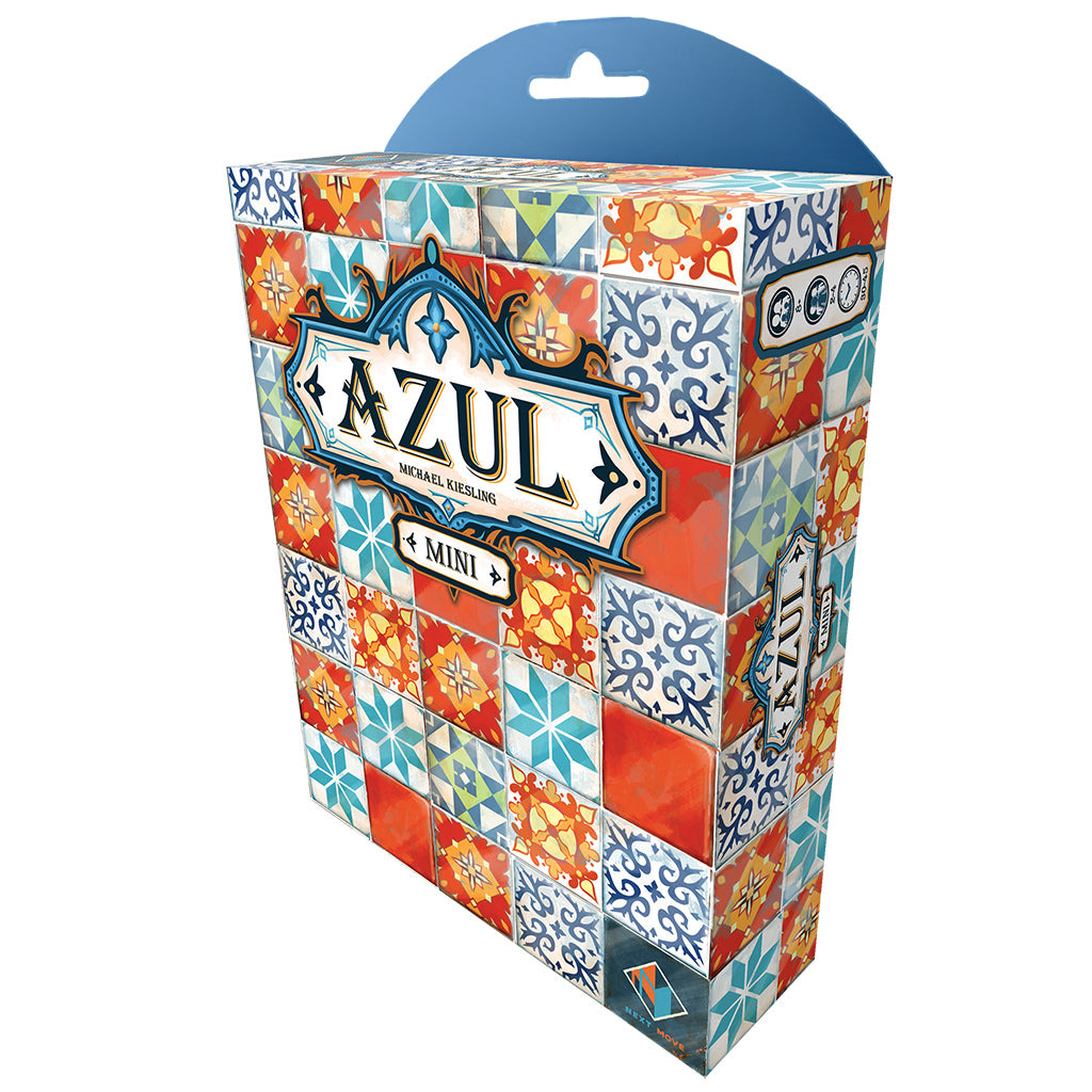 Colorful box of Azul Mini board game featuring intricate tile patterns in blue, orange, and white. Ideal for strategy game lovers.