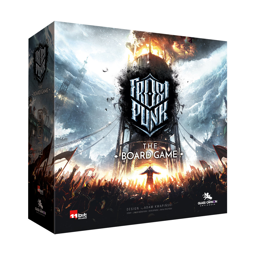 Frostpunk: The Board Game box featuring dramatic artwork of a frozen cityscape and a towering generator.