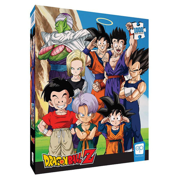 Dragon Ball Z Buu Saga 1000 piece puzzle featuring iconic characters like Goku, Vegeta, and Piccolo in vibrant colors.