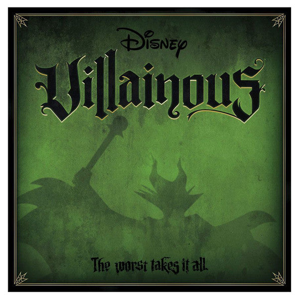 Disney Villainous board game box featuring a dark green background with the title in bold black letters and villain silhouettes.
