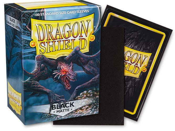 Dragon Shield Matte Sleeves in black, featuring a box of 100 standard size card sleeves and a single sleeve displayed.