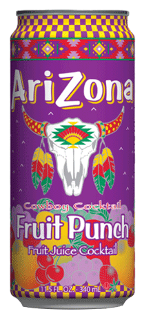 Arizona Fruit Punch 23.5oz can featuring vibrant colors, a bull skull design, and tropical fruit imagery.