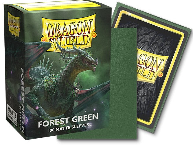 Dragon Shield Matte Sleeves in Forest Green, 100-count pack, featuring a dragon design and a single sleeve displayed.