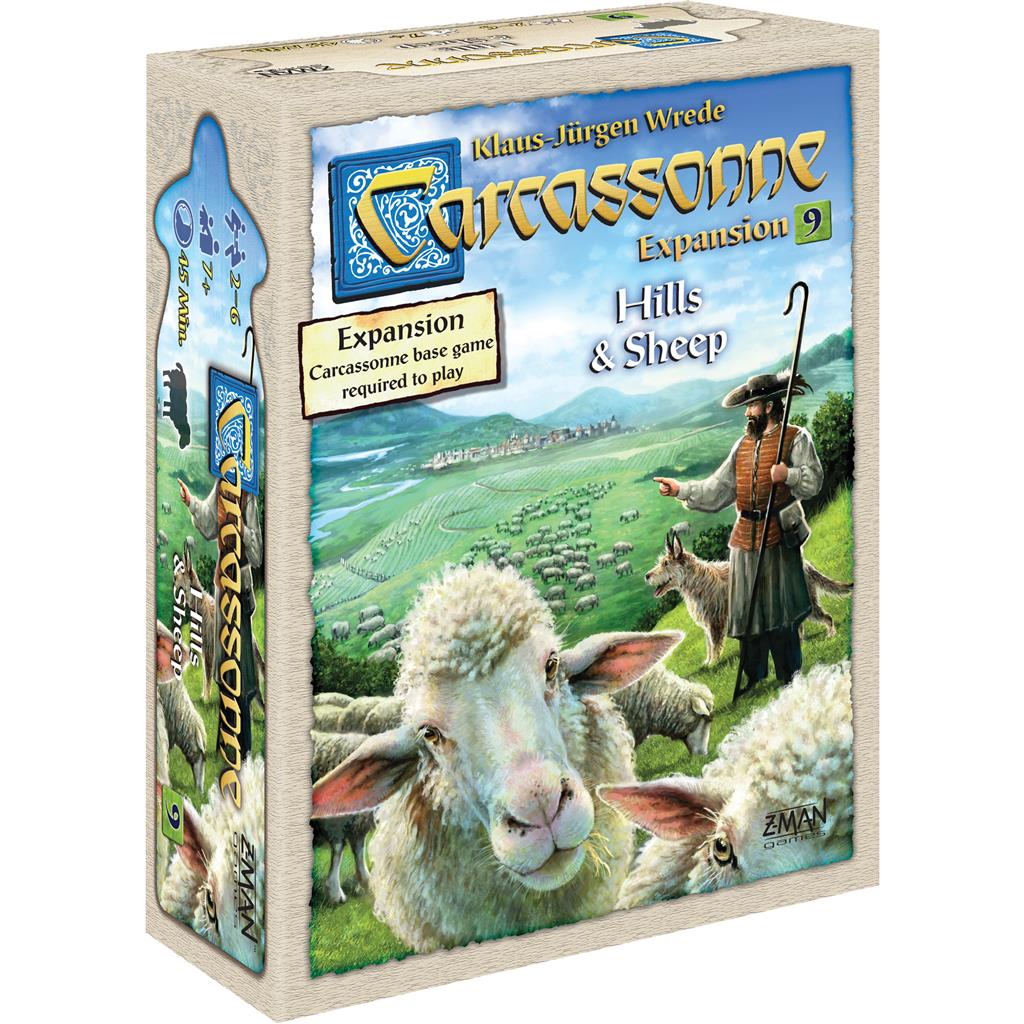 Carcassonne Expansion 9: Hills and Sheep box featuring pastoral landscapes, sheep, and game components for strategy play.