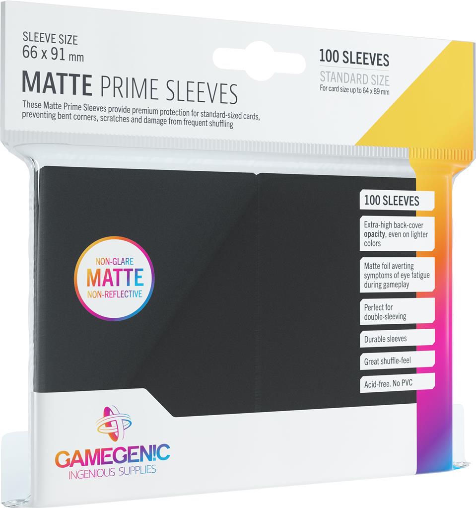 Gamegenic Matte Prime Sleeves in black, pack of 100, designed for standard-sized cards, offering protection and non-reflective finish.