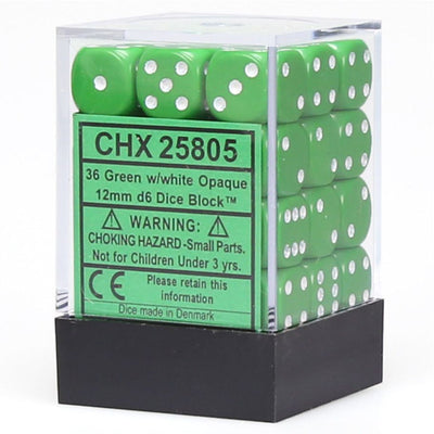 Chessex: d6 Dice 12mm Opaque Green/White (36)