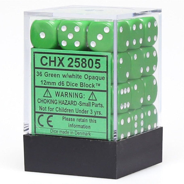 Chessex: d6 Dice 12mm Opaque Green/White (36)