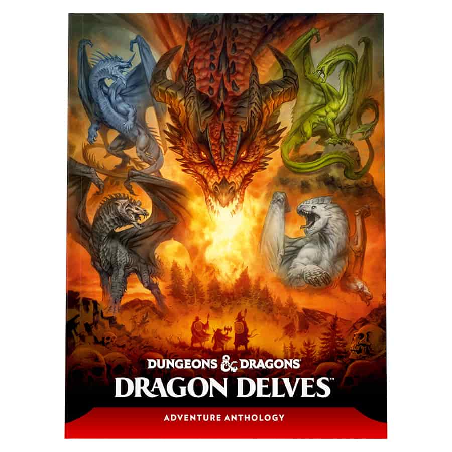 Hardcover cover of Dungeons & Dragons 5E RPG: Dragon Delves, featuring dragons and adventurers in a fiery landscape.