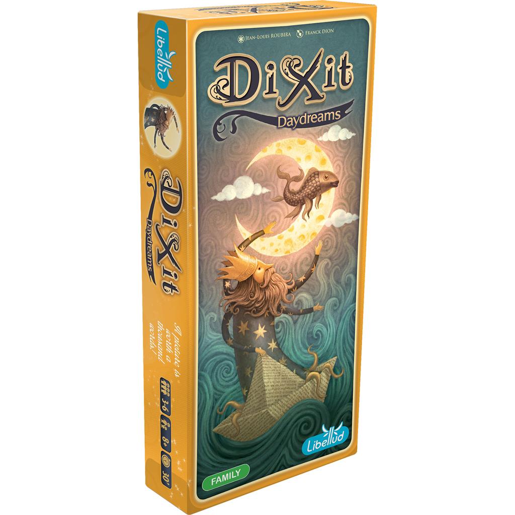 Dixit: Daydreams Expansion box featuring whimsical artwork of a lion with a crescent moon and stars, designed for family play.