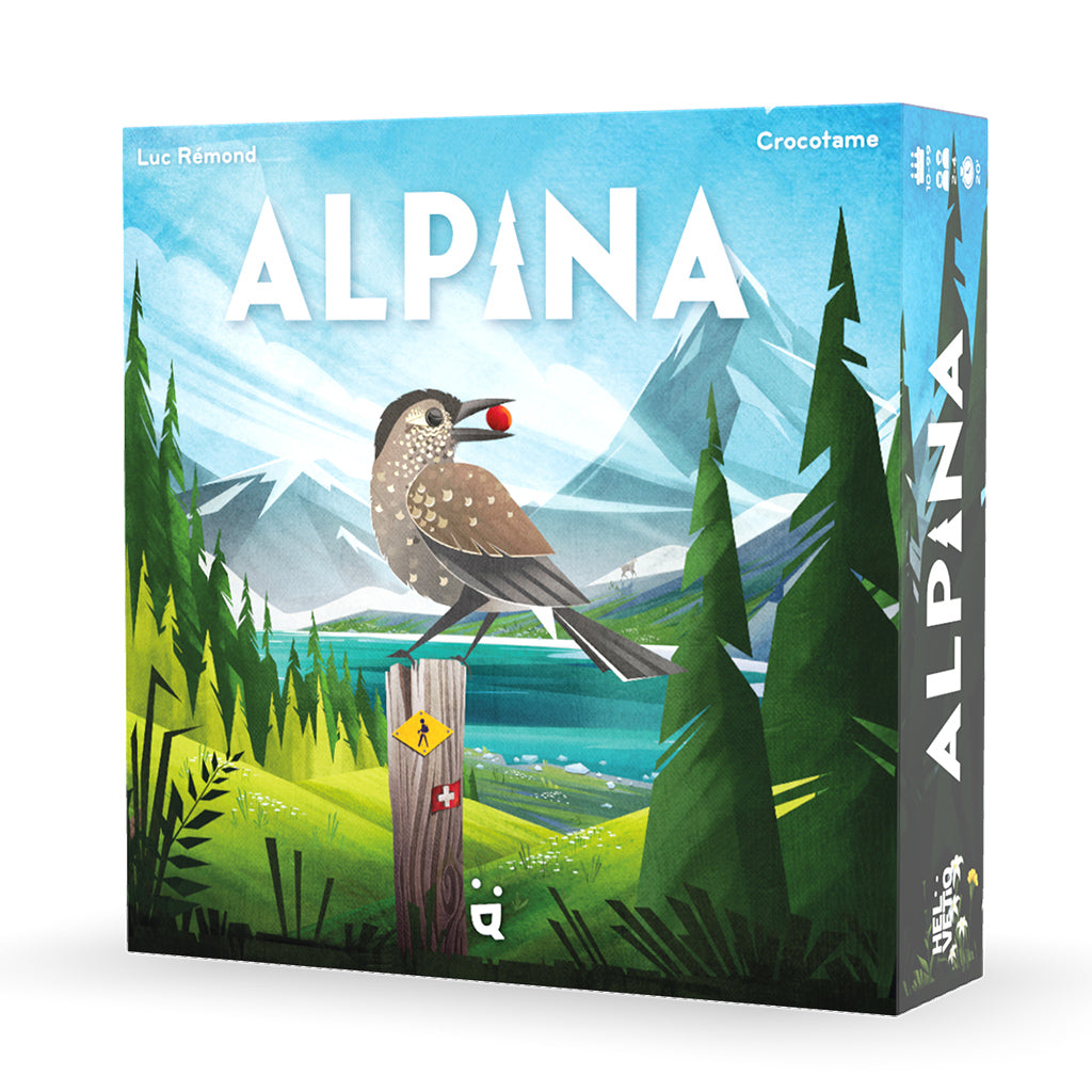 Colorful board game box for "Alpina" featuring a stylized bird on a post with mountains and trees in the background.