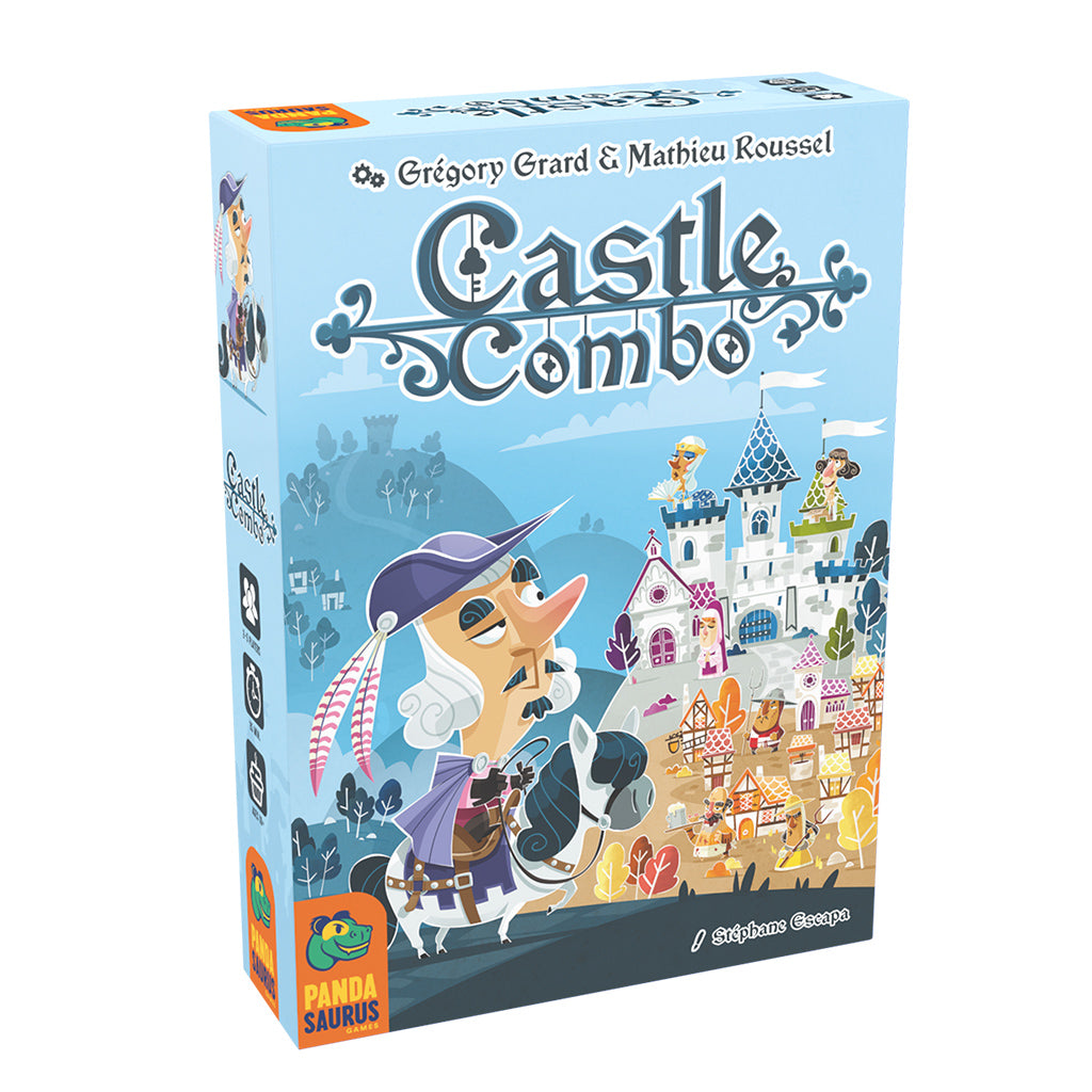 Colorful box art for the board game Castle Combo featuring whimsical castles, characters, and a knight on horseback.