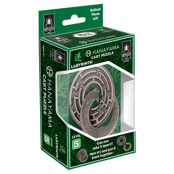 Hanayama Labyrinth Level 5 puzzle in packaging, featuring a complex metal design challenging users to disassemble and reassemble.