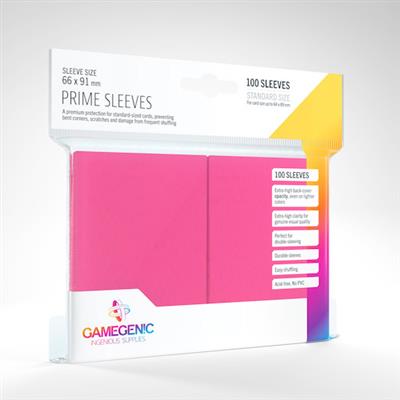 Gamegenic PRIME Sleeves in pink, pack of 100, designed for standard-sized cards, measuring 66 x 91 mm.
