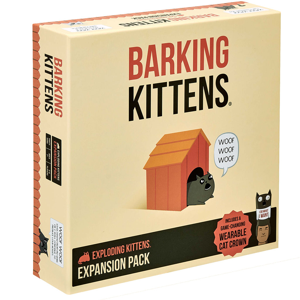 Barking Kittens expansion pack for Exploding Kittens featuring a cat house and a wearable cat crown accessory.
