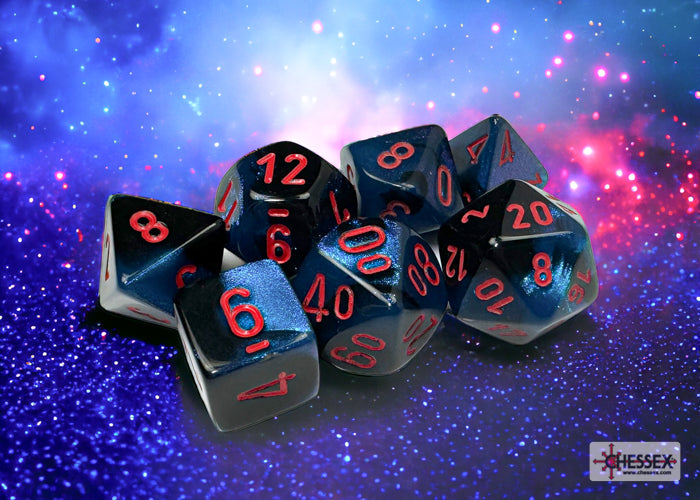 Chessex Gemini Black-Starlight/Red polyhedral 7-dice set featuring shimmering black and blue dice with red numbering.