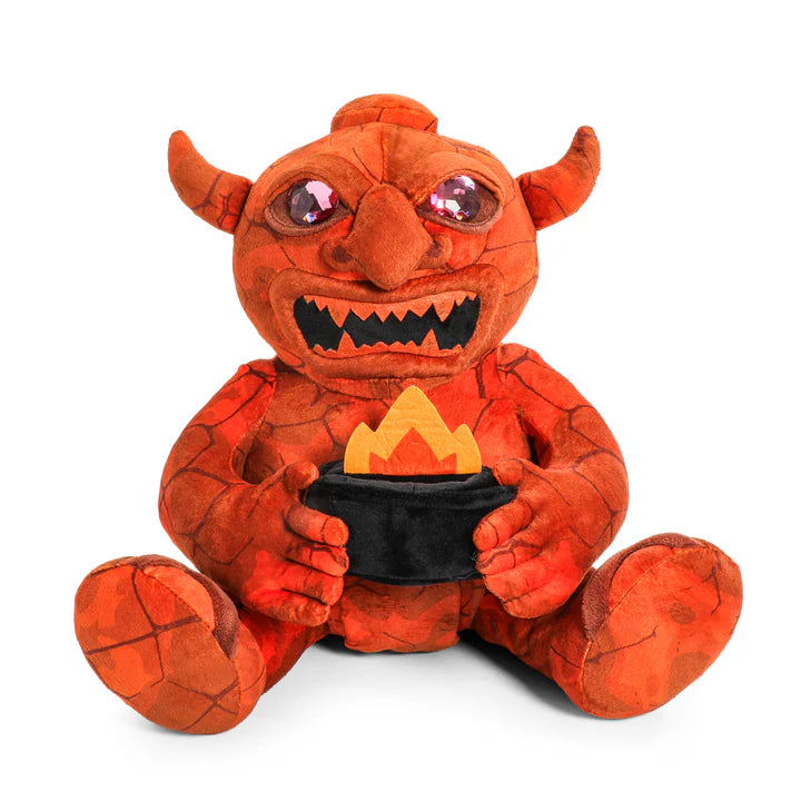 Dungeons & Dragons 50th Anniversary plush statue featuring a red, horned creature holding a black pot with flames.