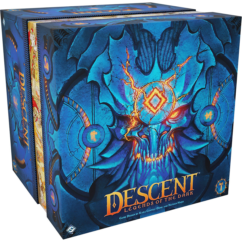Box cover of Descent: Legends of the Dark featuring a blue dragon skull design and glowing orange accents.
