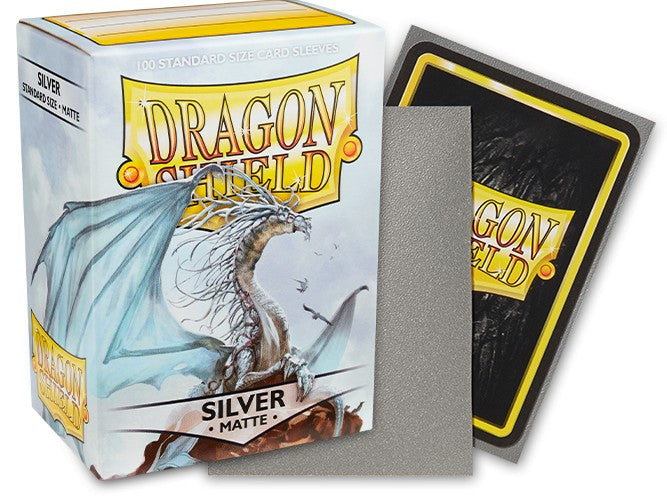 Dragon Shield Matte Sleeves in Silver, 100-count pack, featuring a dragon design on the box and a single sleeve displayed.