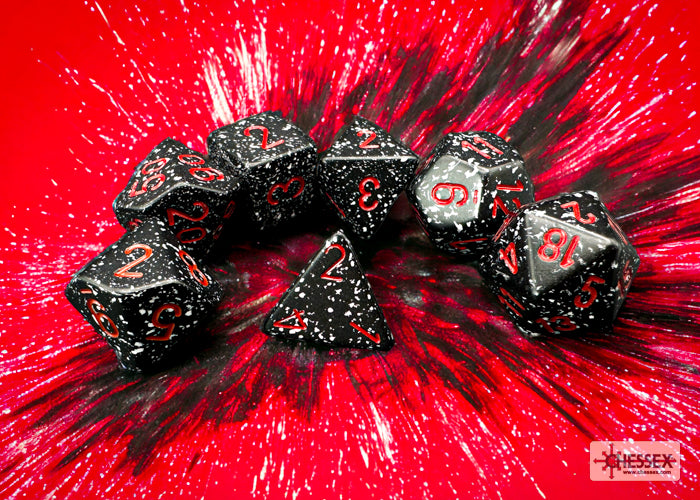 Chessex Speckled Space Polyhedral 7-Dice Set featuring black dice with red numbers against a vibrant red background.