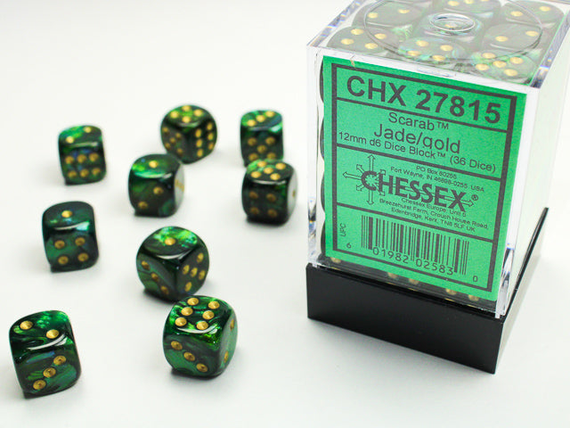 Chessex Scarab Jade/Gold 12mm d6 Dice Block featuring 36 green dice with gold pips in a clear display box.