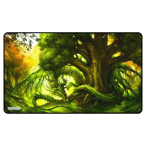 Vibrant playmat featuring a mystical forest scene with a large tree, a dragon entwined in branches, and a deer.