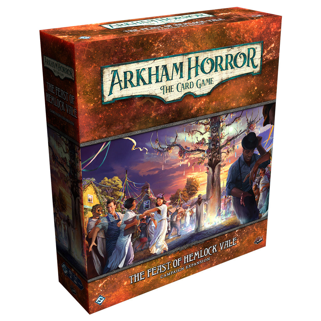 Arkham Horror LCG The Feast of Hemlock Vale campaign expansion box featuring eerie artwork and characters in a mysterious setting.