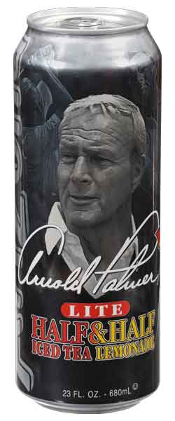 Arnold Palmer Half & Half Iced Tea Lemonade can featuring a portrait of Arnold Palmer, 23.5 oz beverage.