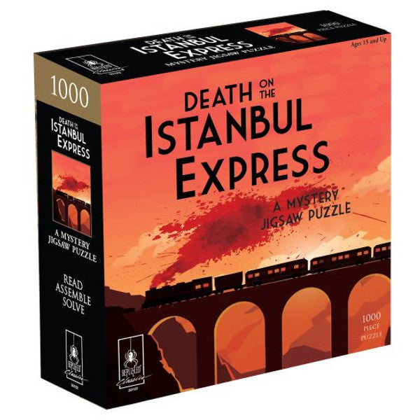 Box of BePuzzled's "Death on the Istanbul Express" 1000-piece mystery jigsaw puzzle featuring a train crossing a bridge at sunset.