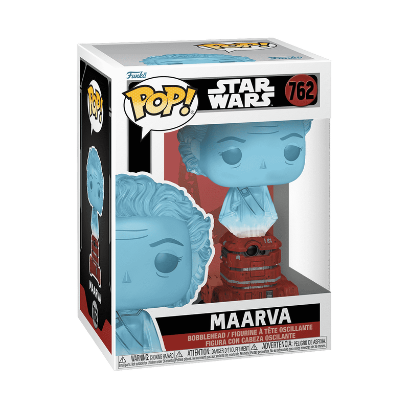Funko Pop! Star Wars Maarva #762 figure in a box, featuring a blue character with a bobblehead design and detailed base.