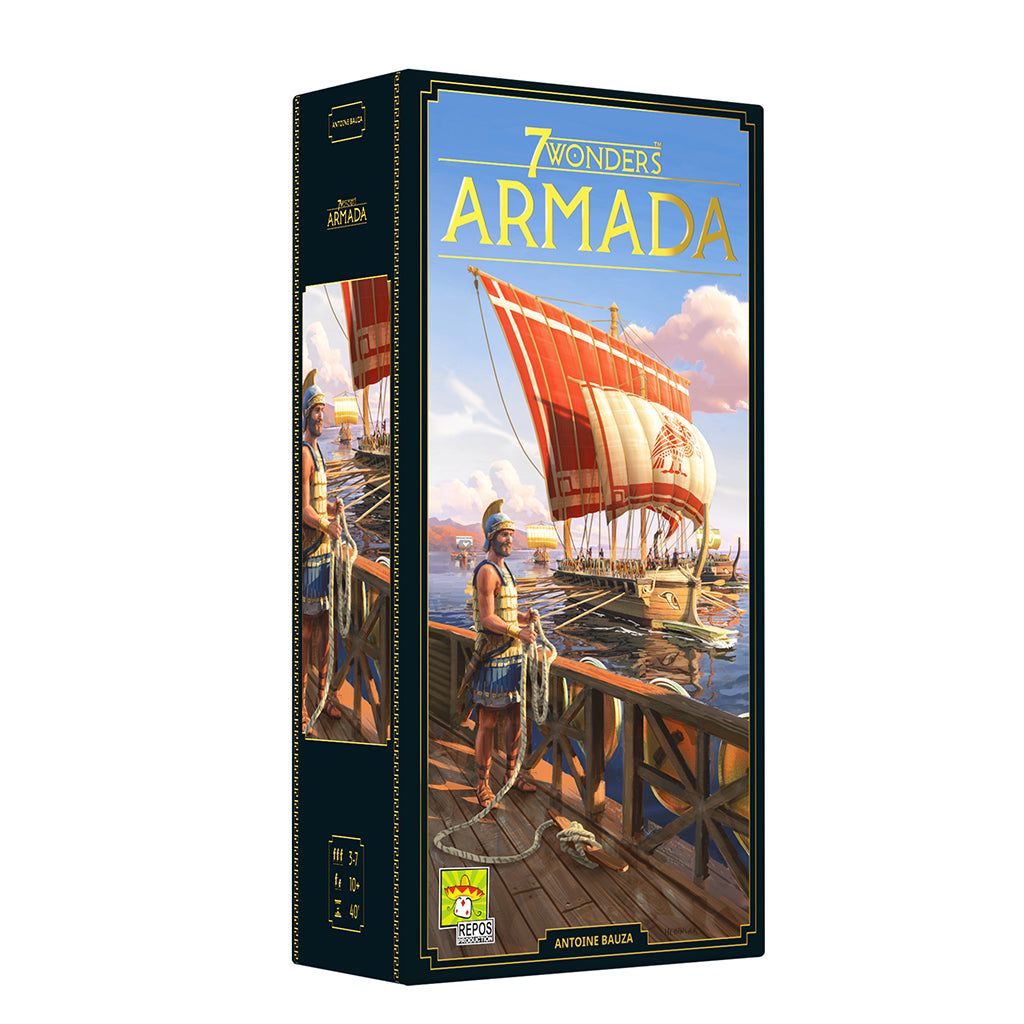 7 Wonders: Armada game box featuring a ship and a sailor on a dock, showcasing vibrant artwork and bold title.