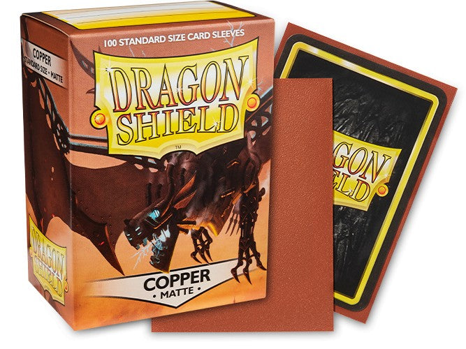 Copper matte card sleeves from Dragon Shield, 100 count, designed for standard size cards, featuring a protective box.