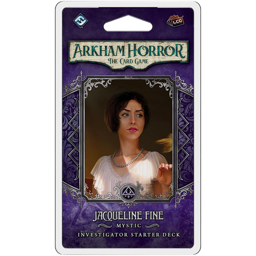 Jacqueline Fine Starter Deck for Arkham Horror LCG featuring a mystic investigator on a purple background.