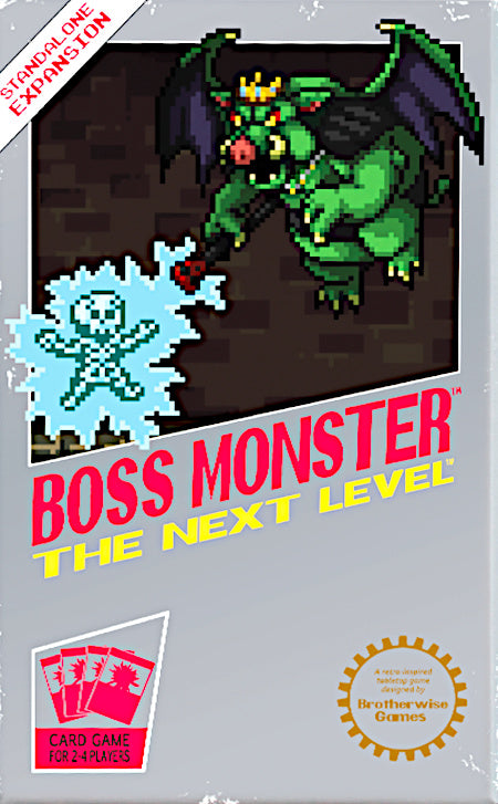 Boss Monster 2: The Next Level expansion box featuring a pixel art dragon and ghost, designed for 2 players.