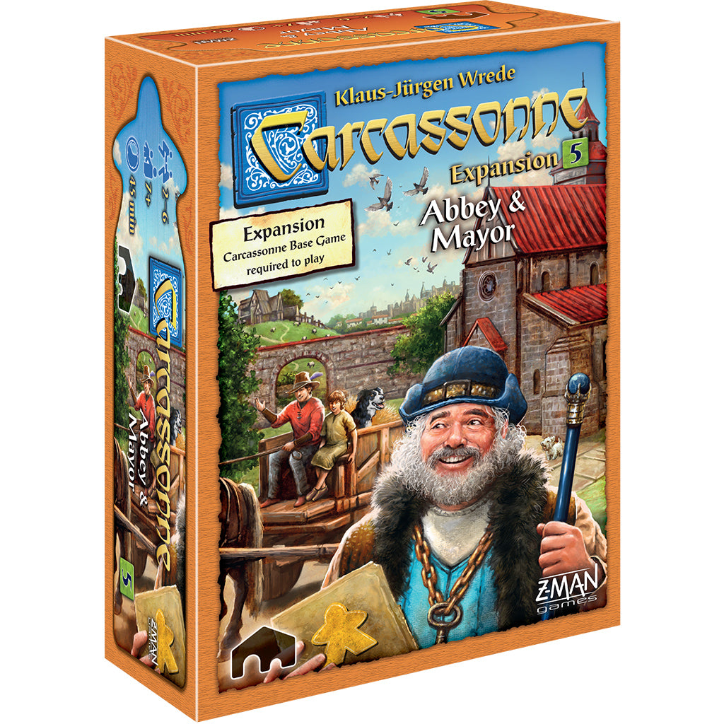 Carcassonne Expansion 5: Abbey and Mayor box featuring vibrant artwork and game components for strategic gameplay.
