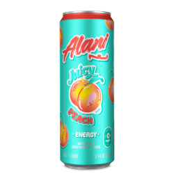 Alani Nu Juicy Peach energy drink in a 12oz can featuring a vibrant turquoise design with peach graphics.